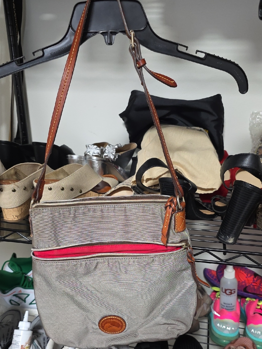 Dooney & Bourke Beige and Brown Crossbody Shoulder Bag with Red Accent